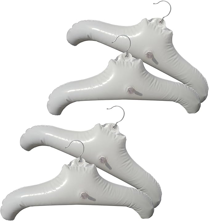 Coralpearl Inflatable Hangers for Travel X 4 in White Round Shoulder, Air Blow up Clothes Drying Hangars with Metal Hook, Compact, Space Saving, Foldable, Portable, Non Slip for Hand Wash Laundry
