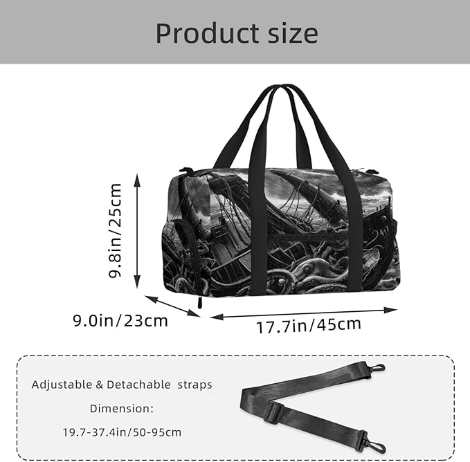 Sports Gym Bag Octopus Pirate Ship Travel Duffel Bag With Shoe Compartment Shoulder Strap, Lightweight Water-Resistant Weekend Overnight Totes For Women Men