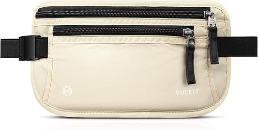 VULKIT Money Belt for Travel, Hidden Passport Holder, Anti-Theft Travel Wallet Under Clothes, RFID Blocking Waist Pouch, Undercover Fanny Pack, Cream White