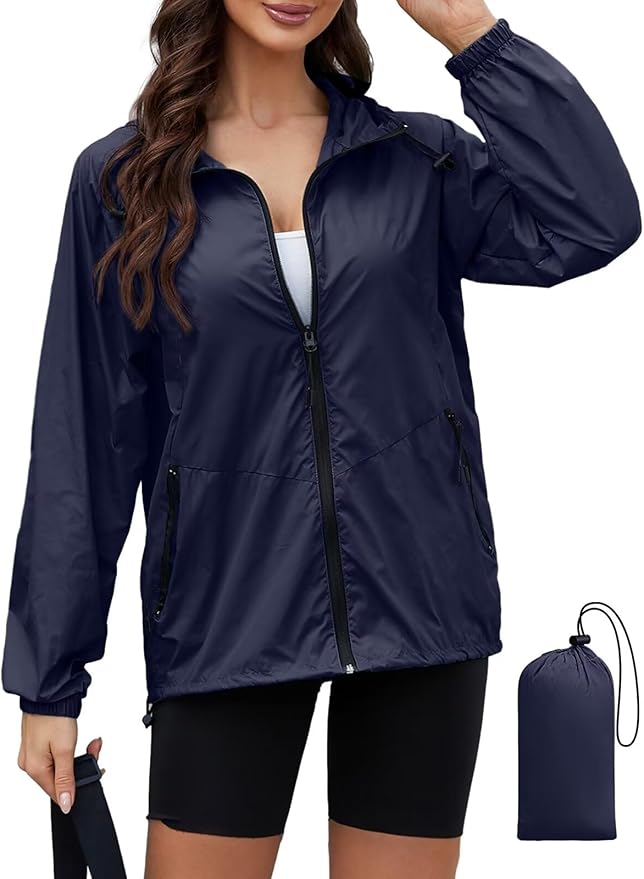 PITINAN Lightweight Rain Jacket Women Packable Wind Breaker Light Rain Jacket Women Waterproof Travel Raincoat S-XXL