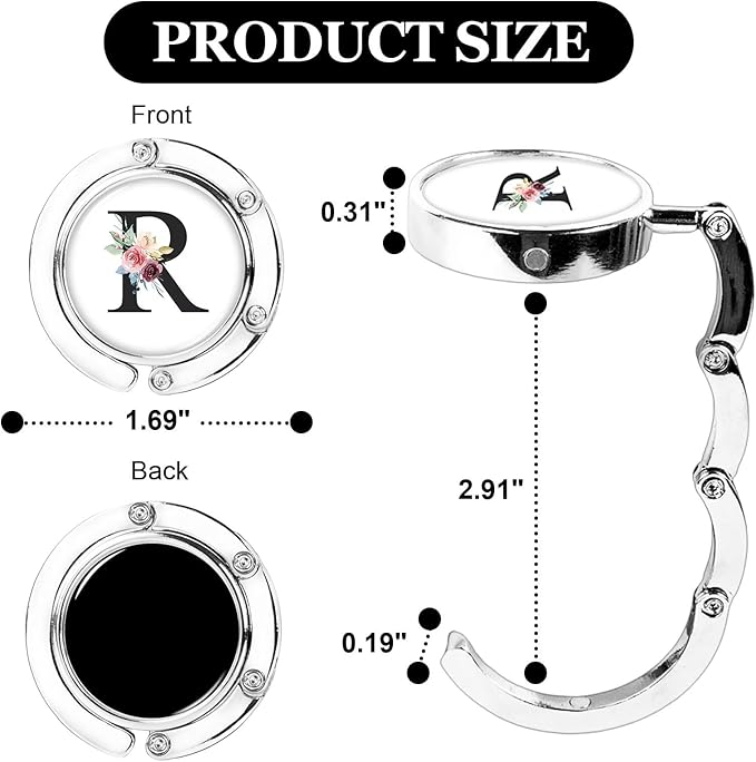 XSUIOY 3Pcs Personalized Initial Foldable Purse Hook for Table,Crushed Flower Letters Folding Purse Hanger,Purse Holder Handbag Hanger Collection Desk Table Bag Hooks Gifts for Women Bag(Black-R)