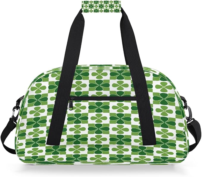 Duffle Bag for Women Men, Green Clover Plaid Pattern Gym Bag for Travel Sports, Lightweight Waterproof Weekender Overnight Bags with Adjustable Strap