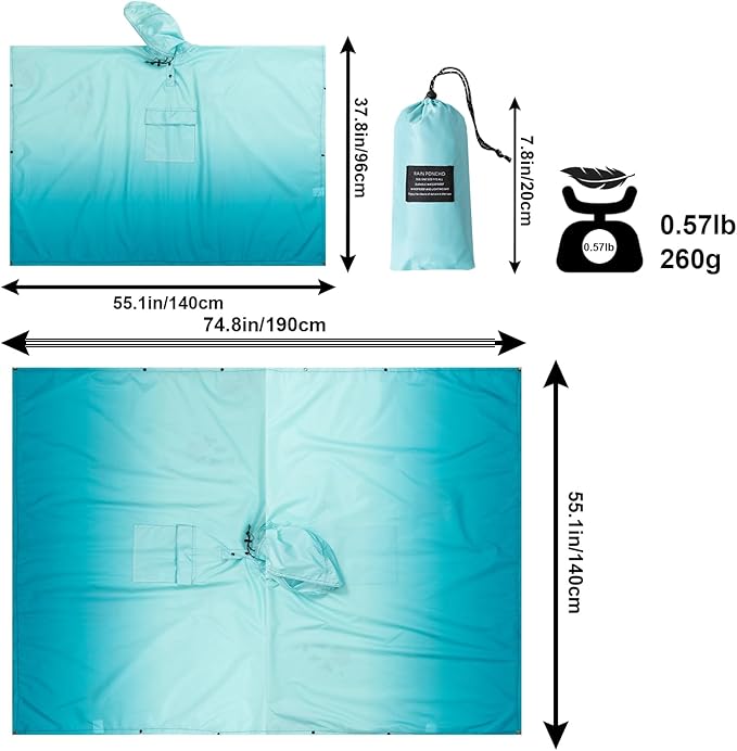 Hooded Rain Poncho for Adults - Waterproof Rain Coat and Lightweight Jacket 3-in-1 Multi-Function with Pockets