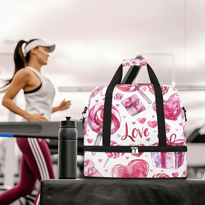 Pink Heart Candy Gift Large Weekender Bag with Shoe Compartment Travel Duffel Bags for Women Carry On Hospital Overnight Bag Foldable Personal Item Travel Bags Tote Gym Sports Airplanes