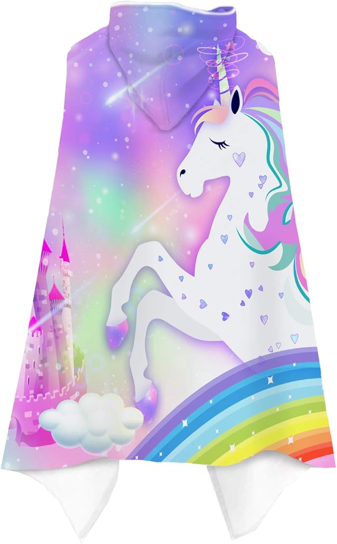 Bonsai Tree Unicorn Hooded Beach Towel for Kids, Cute Rainbow Bath Towel with Hood for Girls, Pink Magic Castle Microfiber Super Absorbent Soft Poncho Bathrobe for Swin Pool 30”x50”