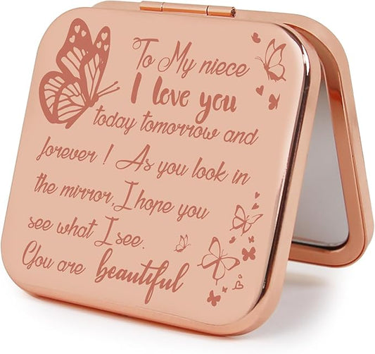 Small Compact Mirror, Rosegold Square 2.8”×2.8” Metal Frame Smooth Style Double Sided Mini Magnifying 1X/2X Mirror for Purse Can be Used as Gifts for Woman (RGNe03)
