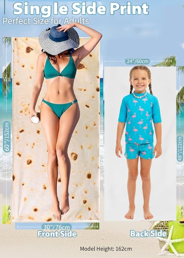 LIVILAN Funny Mexican Taco Burrito Beach Towel, Oversized Microfiber Quick Dry Sand Free Towel, Lightweight and Soft Pool Swim Shower Towel, Burrito Gifts for Women Men Kids,30”X60”