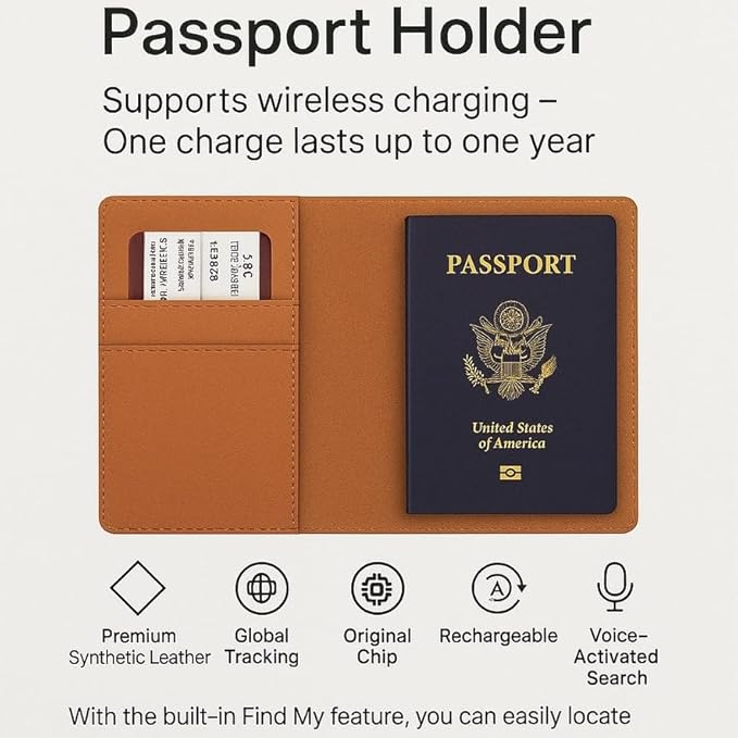 Smart Passport Holder with Built-in Wireless Tracker – MFi Certified – Compatible with Apple Find My – Travel Wallet with Card Slots, Boarding Pass Pocket & SIM Storage – PU Leather (Brown)