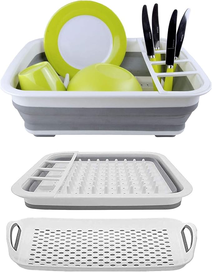 Ahyuan Collapsible Dish Drying Rack Portable Dinnerware Drainer Organizer for Kitchen RV Campers Travel Trailers Space Saving Kitchen Storage Rack Tray (With Drainboard)