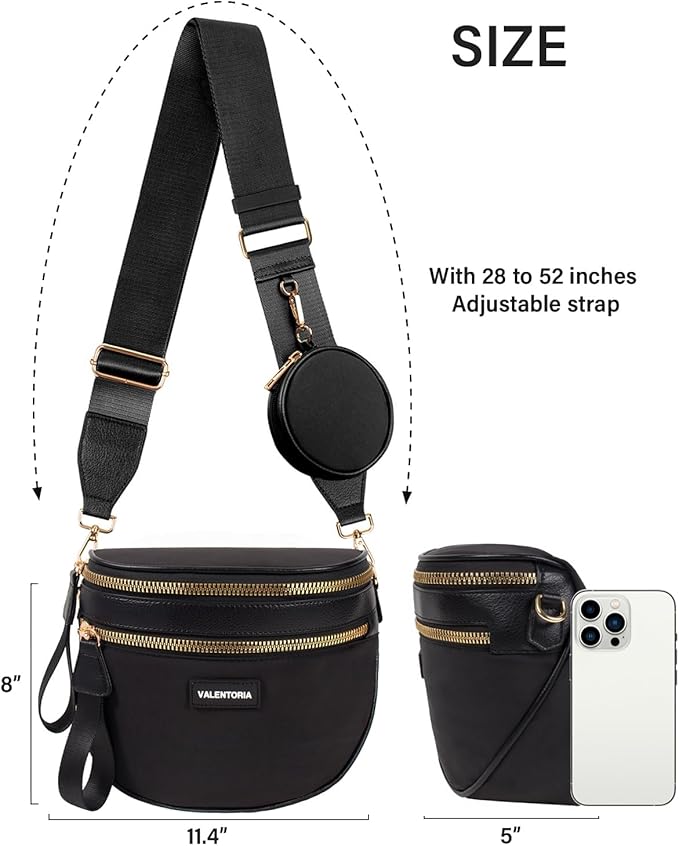 Nylon Crossbody Bags for Women Spacious Bum Bags for Women Crossbody Large Fanny Pack for Men with Removable Wallets Purse Belt Pouch (Black)