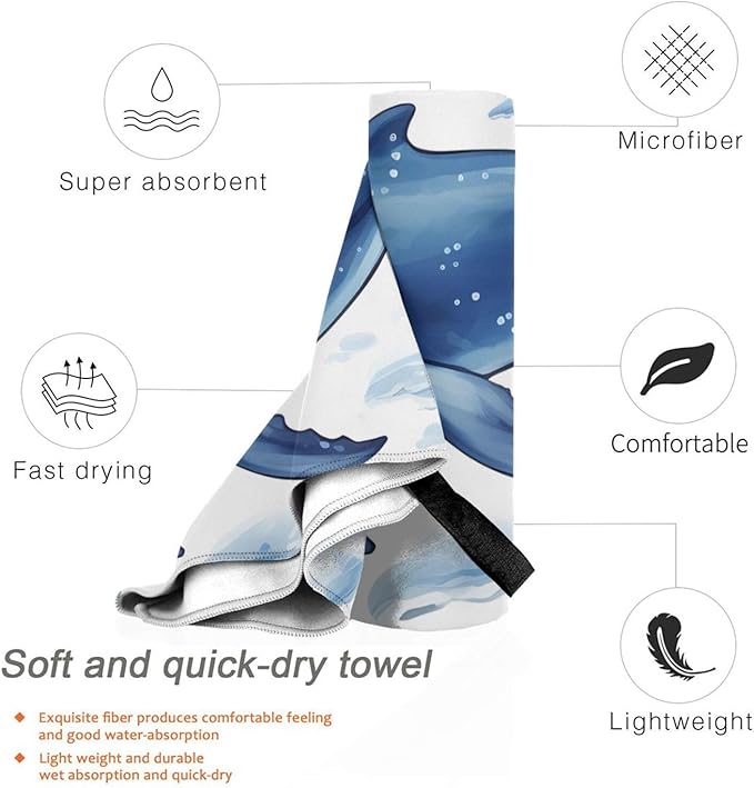 Beach Towel Sand Free Quick Dry Towel Microfiber Oversized Small Blue Whale Swimming Travel Towel 27.5"X55" Absorbent Bath Towel Compact Towel Blanket for Women Men Camping Swim Sports