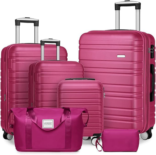 LARVENDER Luggage Sets 6 Piece, Expandable Hardside Carry on Suitcase Set with Spinner Wheels, Lightweight Rolling Luggage Sets for Women with TSA Lock, Hot Pink