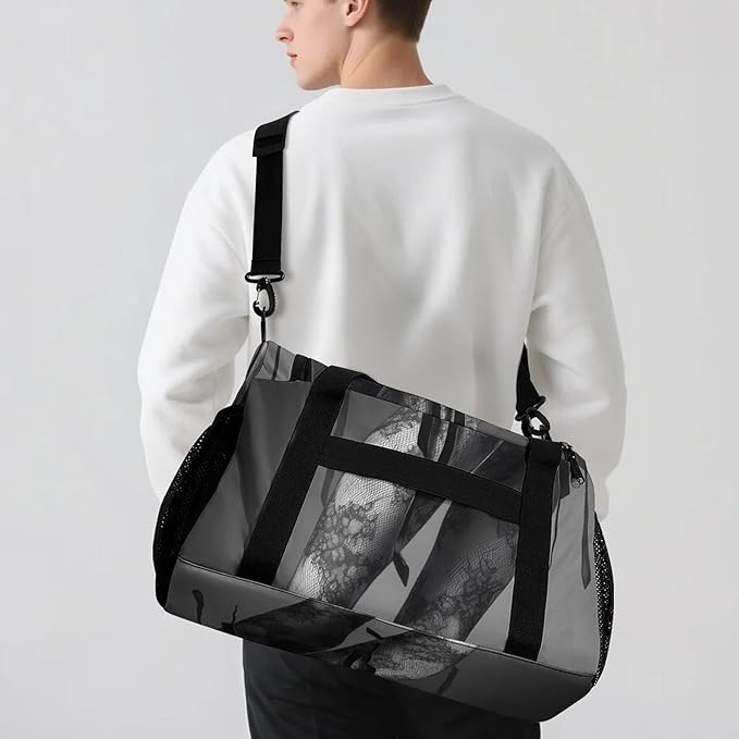 High Heels Black Lace Stockings Duffle Bag Gym Bag for Workout Travel Tote with Detachable Straps