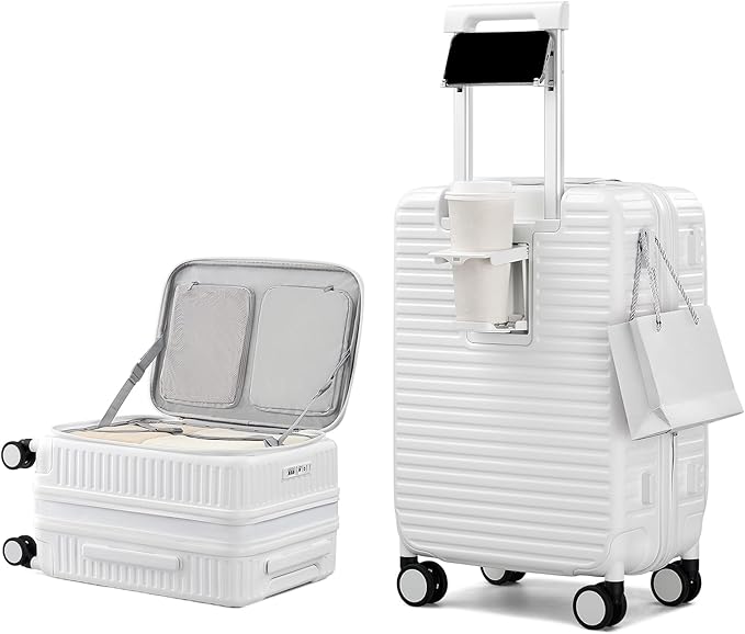 20 Inch Carry on Luggage 22x14x9 Airline Approved Hard Shell Suitcases with Wheels, Top Opening Expandable Carry on Luggage with Cup Holder Small Rolling Suitcase with Lock, White