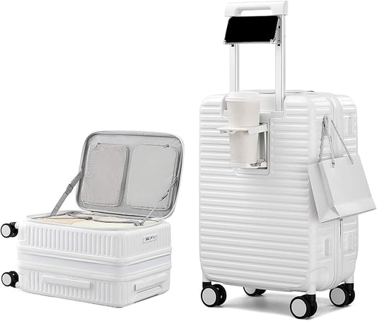 20 Inch Carry on Luggage 22x14x9 Airline Approved Hard Shell Suitcases with Wheels, Top Opening Expandable Carry on Luggage with Cup Holder Small Rolling Suitcase with Lock, White