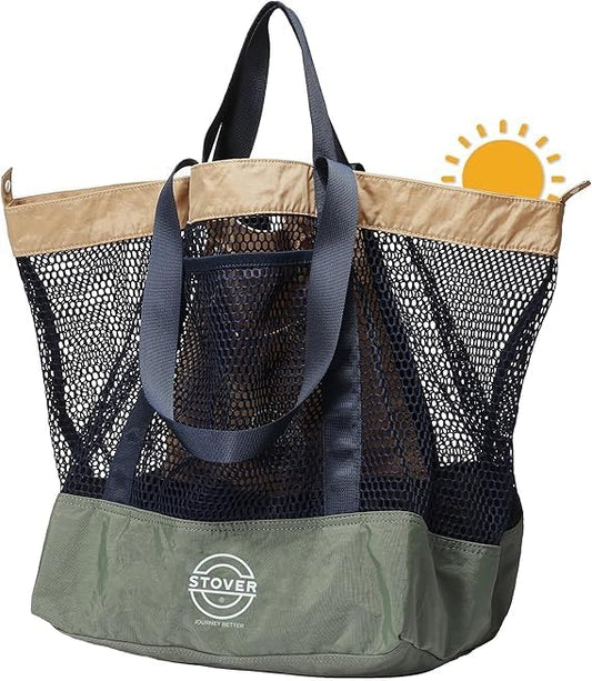 STOVER Extra Large Mesh Beach Bag, Vacation, Pool, Shopping & Travel Tote - Foldable w/Storage Pouch & Pockets for Women, Men