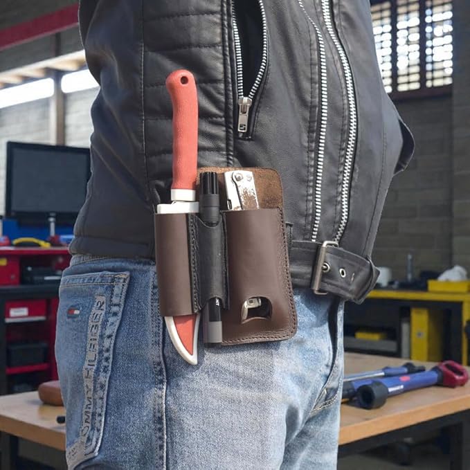Leather Multitool Sheath with Belt Clip - Multitool Holster for Belt - EDC Belt Organizer Fits, Flashlight, Pen - Leather Pouch - Holder