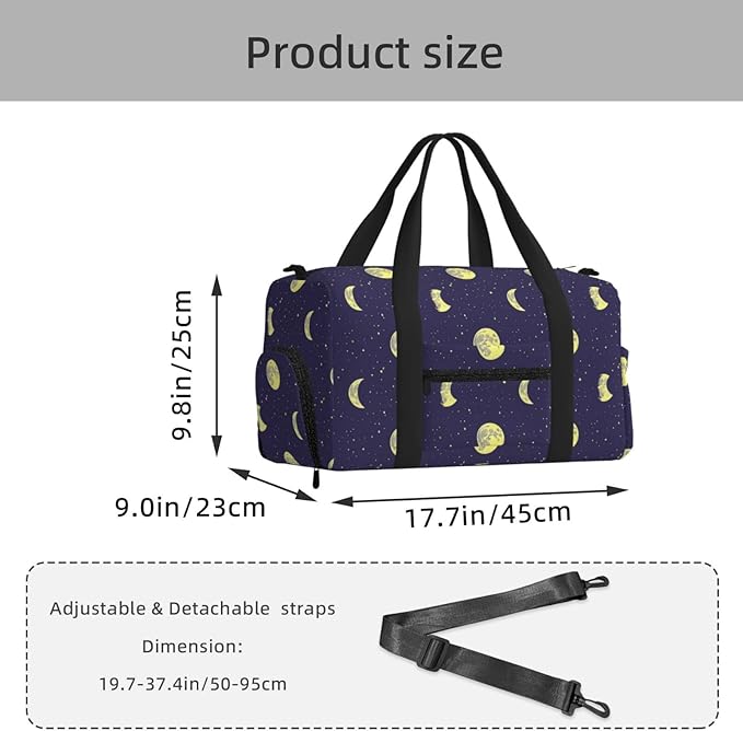 Sky with Moons Stars Print Gym Bag with Shoe Compartment for Women Men, 17.7in Sports Duffle Weekender Tote, Overnight Travel Duffel Bag Carry On