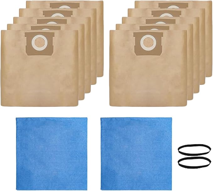 10 Pack 19-3100 Shop Vac Bags for Stanley 5-6 Gallon Wet/Dry Vacuums, Also fit Porter-Cable 5 Gal Vacs + 2 Pack 19-1500 Reusable Blue Cloth Filters(10+2) Kit