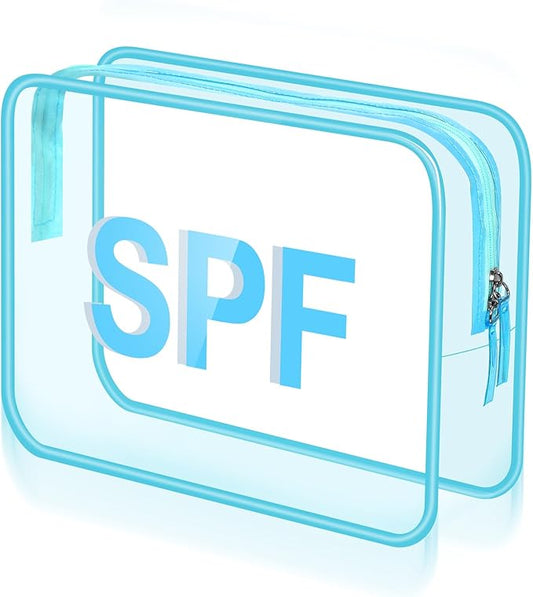 Clear Spf Bag Beach Makeup Pouch 9.5" x 7" x 3.5" Large Travel Cosmetic Toiletry Bag Blue PVC Waterproof Transparent Zippered Organizer for Women Girl Summer