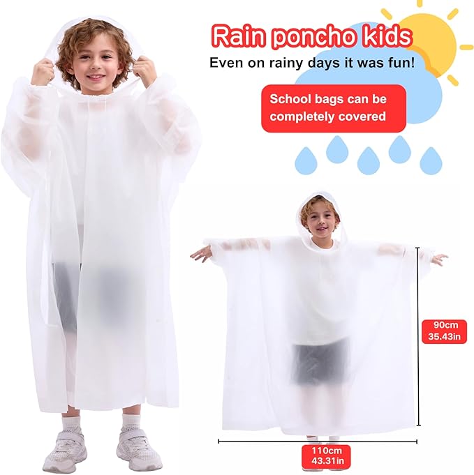 DZTSMART Reusable Waterproof Kids Rain Ponchos 2 Packs - 8-14Y, Hood & Sleeves, Park Essentials