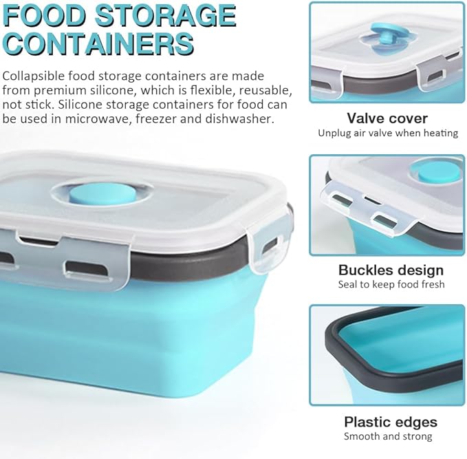 Collapsible Silicone Food Storage Container 4 Pack, Silicone Storage Containers for Snack, Fruit(Small, 12 Oz), Stackable, Space Saving, Portion Control(Blue)