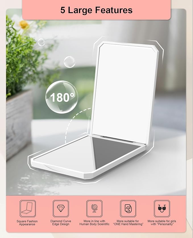 WOBSION Small Compact Mirror,1x/2x Travel Magnifying Mirror,2-Sided Handheld Portable Folding Mirror for Purse,Pocket,Gifts,Square(White)