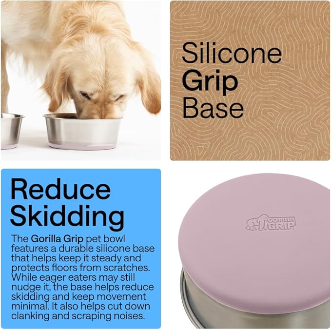 GORILLA GRIP Dog Bowls, Heavy Duty 304 Stainless Steel, Holds 1 Cup Each (8 fl oz) Food and Water Bowl for Feeding Dogs and Cats, Dishwasher Safe, Rust Resistant, BPA Free Rubber Base Set of 2 Pink