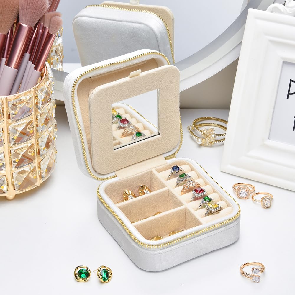 TAIMY Travel Jewelry Case,Small Plush Velvet Travel Jewelry organizer,Portable Mini Travel Jewelry Boxes for Rings Earrings Necklaces Bracelets(White,with Mirror)