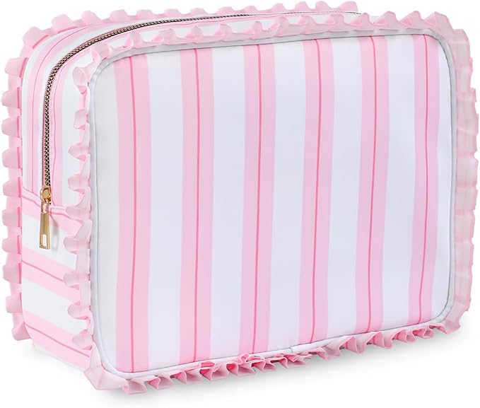 Stripe Ruffle Makeup Bag,Large Travel Cute Cosmetic Bag for Women Girls,Toiletry Bag Make up Organizer 11.8 x 4.7 x 9 inch (Pink Stripe)