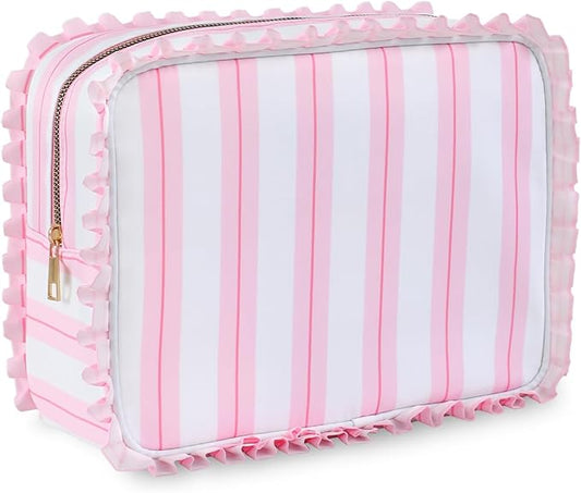 Stripe Ruffle Makeup Bag,Large Travel Cute Cosmetic Bag for Women Girls,Toiletry Bag Make up Organizer 11.8 x 4.7 x 9 inch (Pink Stripe)