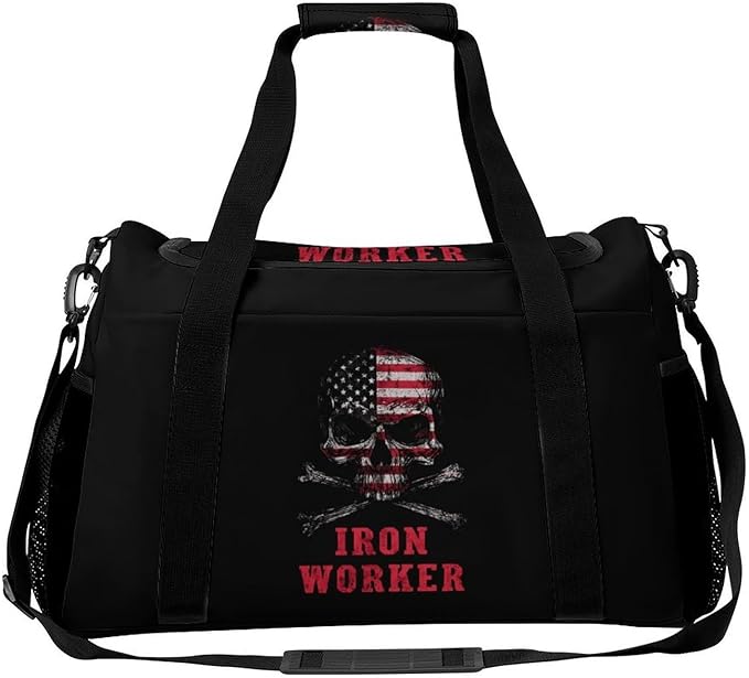 Skull Iron Worker U.S.A Flag Duffle Bag Gym Bag for Workout Travel Tote with Detachable Straps