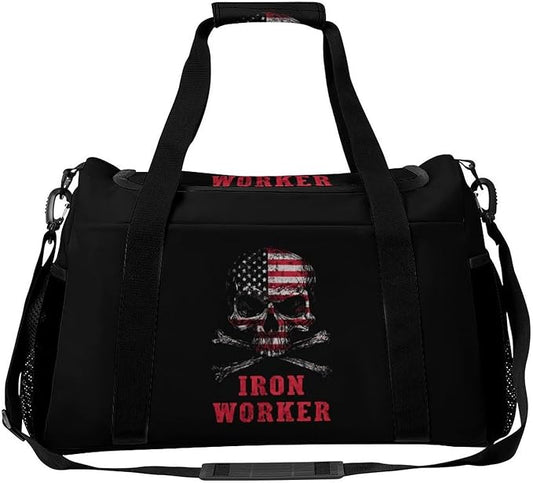 Skull Iron Worker U.S.A Flag Duffle Bag Gym Bag for Workout Travel Tote with Detachable Straps