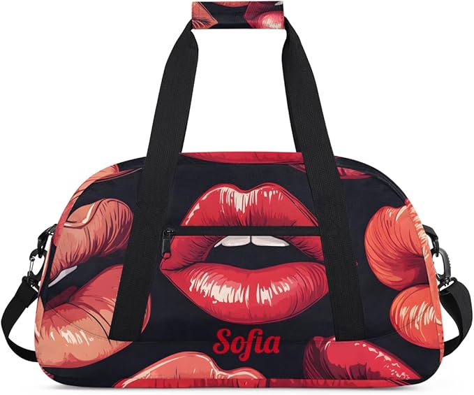 Custom Name Sexy Red Lips Girl Gym Travel Duffle Bag with Front Zipper Pocket Personalizedfor Sports Bag for Overnight, Weekender, Carry On,Workout & Dance, 18.9 * 8.7 * 10.6 in