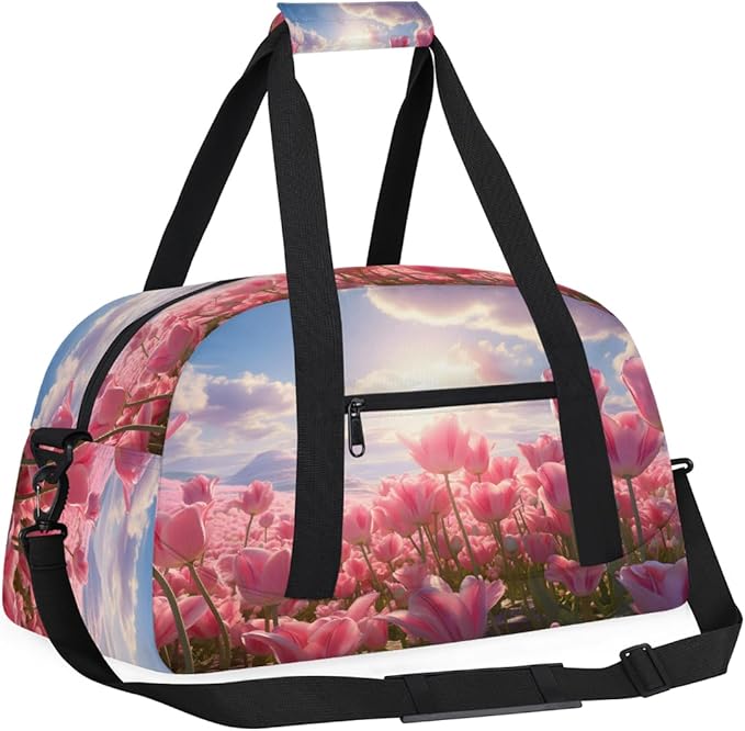 Pink Tulip Field Sunset Sports Duffel Bags, Water-Resistant Gym Duffle Bag for Men Women, Lightweight Weekender Overnight Bag for Fitness, Workout, Travel