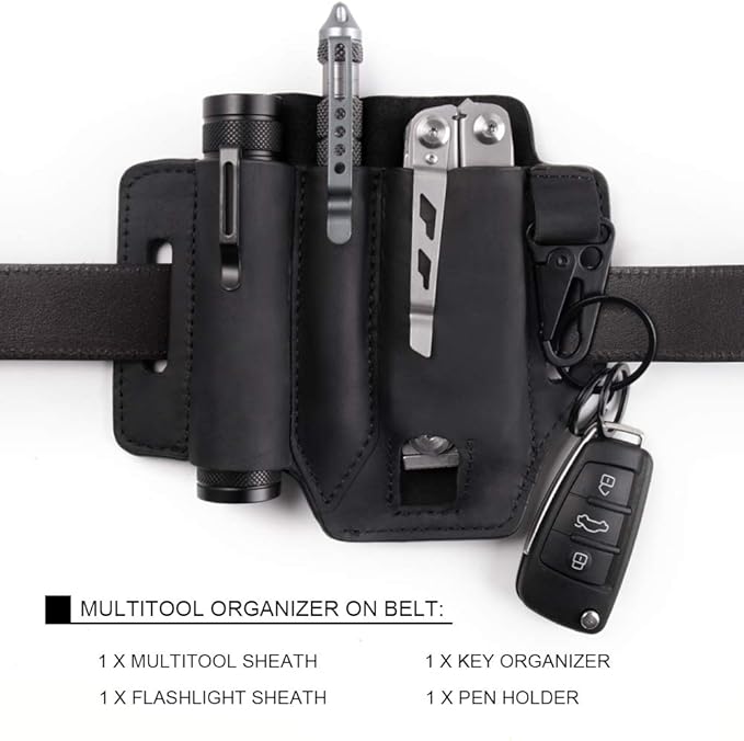 Gentlestache Multitool Sheath for Belt, Leather EDC Pocket Organizer for Men, Leatherman Sheath with Pen Holder, Key Fob, Flashlight Sheath, EDC Leather Pouch Black