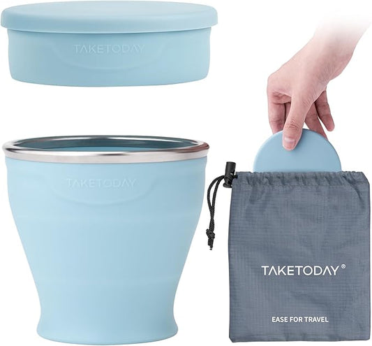 TakeToday Collapsible Travel Cup 8 oz - Silicone Foldable Water Cup, BPA-Free with Lid & Waterproof Bag - Drinking Cup Set for Office, Camping & International Travel（Blue）
