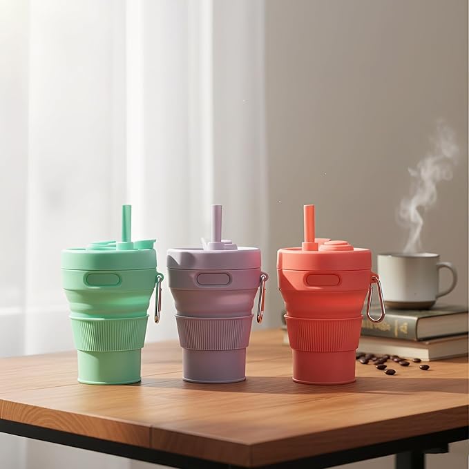 Silicone Coffee Mug Collapsible Cups for Camping Folding Travel with Straw Reusable Portable Drinking Cups Outdoor Hiking 450ml (Tangerine-450ml, 1)