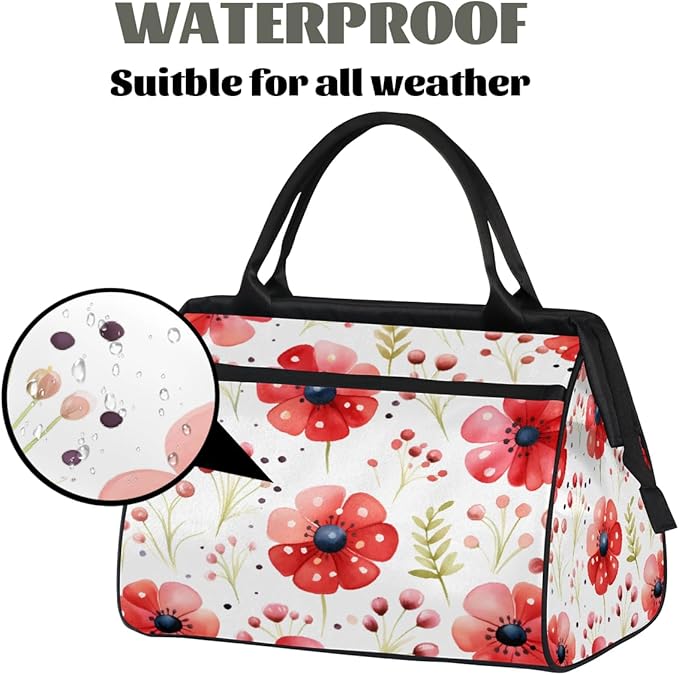 Gym Bag for Women Men, Watercolor Red Flower Sports Duffel Bags, Waterproof Travel Weekender Overnight Carry On Tote Bags for Travel Sports