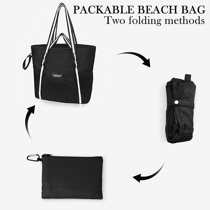 Large Beach Bag with Zipper-8 Pockets Sandproof Beach Tote Bag for Women,Foldable Lightweight Family Swim Bag Vacation