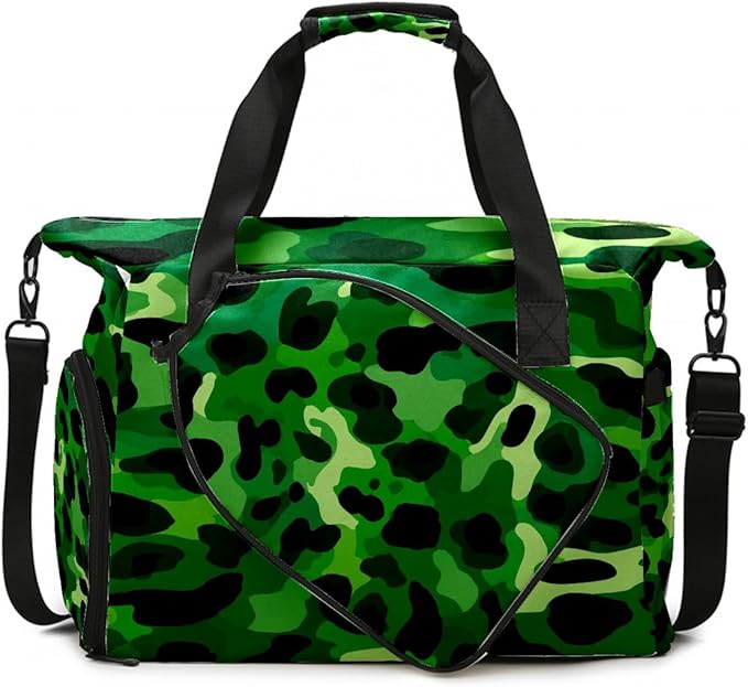 Cool Leopard Green Gym Bag for Women & Tennis Bag, Large Sports Duffel Bag Waterproof with Ventilated Shoe Compartment & Front Racket Sleeve, Lightweight Travel Weekender Overnight Bag