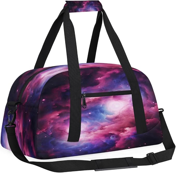 Pink Purple Nebula Print Sports Duffel Bags, Water-Resistant Gym Duffle Bag for Men Women, Lightweight Weekender Overnight Bag for Fitness, Workout, Travel