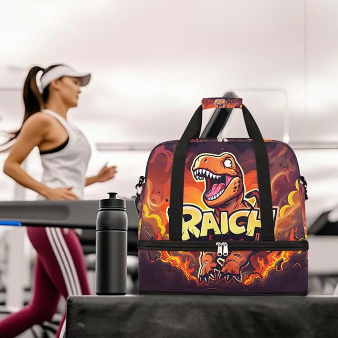 Red Animal Dinosaur Large Weekender Bag with Shoe Compartment Travel Duffel Bags for Women Carry On Hospital Overnight Bag Foldable Personal Item Travel Bags Tote Gym Sports Airplanes
