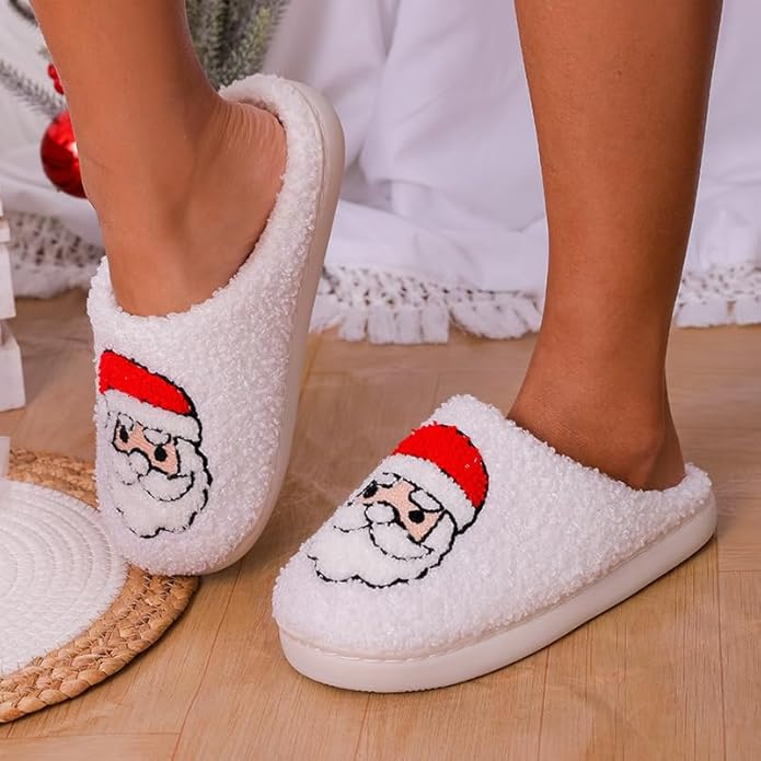 Unisex Xmas Elk Shoes Santa Reindeer Cute Strawberry Cartoon Christmas Tree Pink Bow Memory Foam Soft Plush House Slippers Indoor/Outdoor