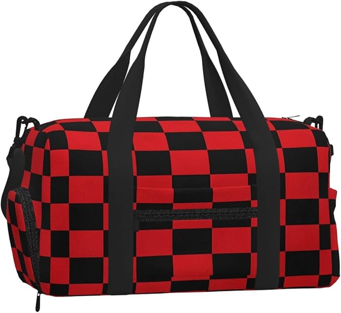 Sports Gym Bag Black Red Checkerboard Grid Travel Duffel Bag With Shoe Compartment Shoulder Strap, Lightweight Water-Resistant Weekend Overnight Totes For Women Men
