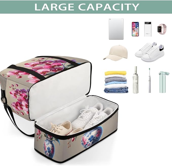 Pink Flowers Large Weekender Bag with Shoe Compartment Travel Duffel Bags for Women Carry On Hospital Overnight Bag Foldable Personal Item Travel Bags Tote Gym Sports Airplanes