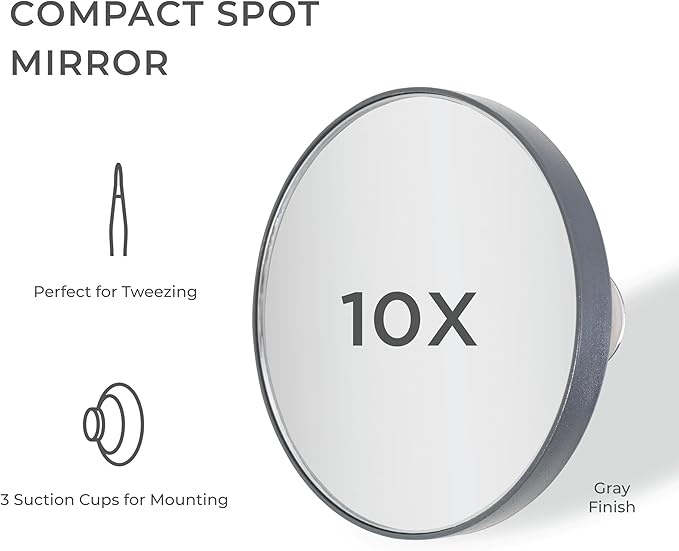 Zadro Compact Spot Mirror, Powerful 10X/15X or 20X Magnifications Travel Mirrors with Suction Cups, Mini Purse-Size Mirror-for-Makeup, Tweezing, and Grooming (10X Magnification, Gray)