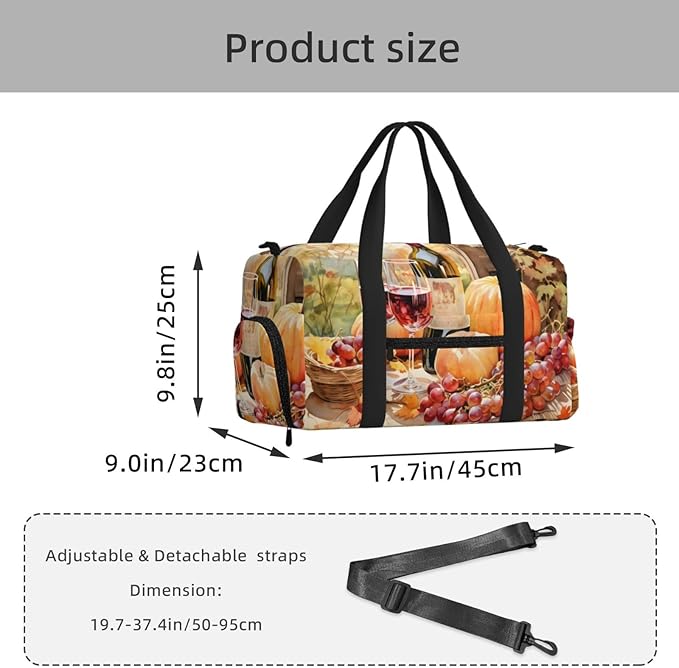 Sports Gym Bag Grape Wine Art Painting Travel Duffel Bag With Shoe Compartment Shoulder Strap, Lightweight Water-Resistant Weekend Overnight Totes For Women Men