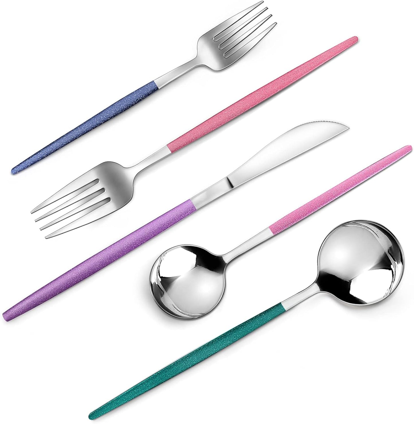 Mirror Silver multicolor Silverware Set, 20-Piece Stainless Steel Flatware Set, Satin Finish tableware Cutlery Set, Service for 4, Home and Restaurant, Dishwasher Safe