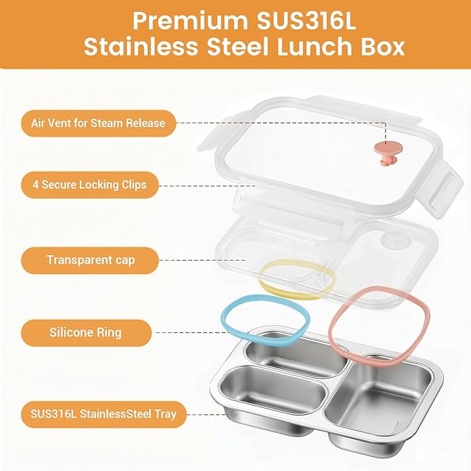 Premium 25oz SUS316L Stainless Steel Lunch Box Bento Box - Reusable Metal Snack Containers with Lids for Kids & Adults - Daycare/School/Work/Travel - Superior Corrosion-resistant (Dopamine)